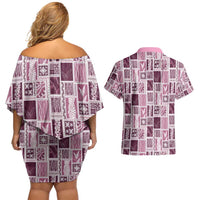 Vintage Aloha Block Quilt Couples Matching Off Shoulder Short Dress and Hawaiian Shirt Pink Inspired Lei Motifs - Polynesian Pride