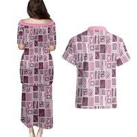 Vintage Aloha Block Quilt Couples Matching Puletasi and Hawaiian Shirt Pink Inspired Lei Motifs - Polynesian Pride