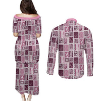 Vintage Aloha Block Quilt Couples Matching Puletasi and Long Sleeve Button Shirt Pink Inspired Lei Motifs - Polynesian Pride