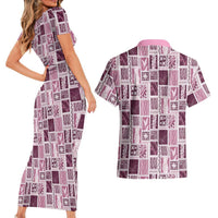 Vintage Aloha Block Quilt Couples Matching Short Sleeve Bodycon Dress and Hawaiian Shirt Pink Inspired Lei Motifs - Polynesian Pride