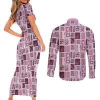 Vintage Aloha Block Quilt Couples Matching Short Sleeve Bodycon Dress and Long Sleeve Button Shirt Pink Inspired Lei Motifs - Polynesian Pride