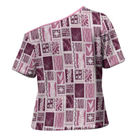 Vintage Aloha Block Quilt Cross Shoulder Shirt Pink Inspired Lei Motifs - Polynesian Pride