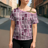 Vintage Aloha Block Quilt Cross Shoulder Shirt Pink Inspired Lei Motifs - Polynesian Pride