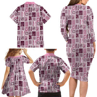 Vintage Aloha Block Quilt Family Matching Long Sleeve Bodycon Dress and Hawaiian Shirt Pink Inspired Lei Motifs - Polynesian Pride