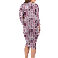 Vintage Aloha Block Quilt Family Matching Long Sleeve Bodycon Dress and Hawaiian Shirt Pink Inspired Lei Motifs - Polynesian Pride