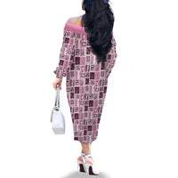 Vintage Aloha Block Quilt Family Matching Off The Shoulder Long Sleeve Dress and Hawaiian Shirt Pink Inspired Lei Motifs - Polynesian Pride