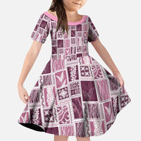 Vintage Aloha Block Quilt Family Matching Off Shoulder Short Dress and Hawaiian Shirt Pink Inspired Lei Motifs - Polynesian Pride