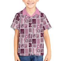 Vintage Aloha Block Quilt Family Matching Off Shoulder Short Dress and Hawaiian Shirt Pink Inspired Lei Motifs - Polynesian Pride