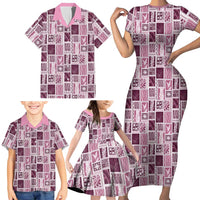 Vintage Aloha Block Quilt Family Matching Short Sleeve Bodycon Dress and Hawaiian Shirt Pink Inspired Lei Motifs - Polynesian Pride