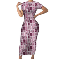 Vintage Aloha Block Quilt Family Matching Short Sleeve Bodycon Dress and Hawaiian Shirt Pink Inspired Lei Motifs - Polynesian Pride