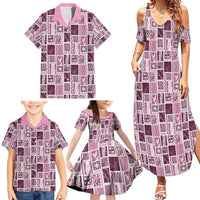 Vintage Aloha Block Quilt Family Matching Summer Maxi Dress and Hawaiian Shirt Pink Inspired Lei Motifs - Polynesian Pride