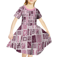 Vintage Aloha Block Quilt Kid Short Sleeve Dress Pink Inspired Lei Motifs - Polynesian Pride