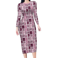Vintage Aloha Block Quilt Long Sleeve Bodycon Dress Pink Inspired Lei Motifs - Polynesian Pride