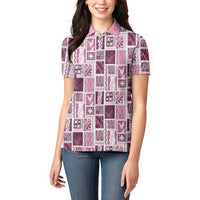 Vintage Aloha Block Quilt Women Polo Shirt Pink Inspired Lei Motifs - Polynesian Pride