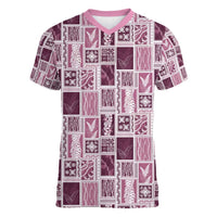 Vintage Aloha Block Quilt Women V-Neck T-Shirt Pink Inspired Lei Motifs - Polynesian Pride