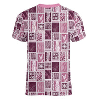 Vintage Aloha Block Quilt Women V-Neck T-Shirt Pink Inspired Lei Motifs - Polynesian Pride