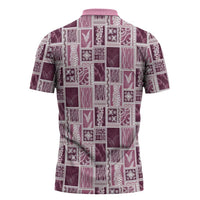 Vintage Aloha Block Quilt Zipper Polo Shirt Pink Inspired Lei Motifs LT9 - Polynesian Pride
