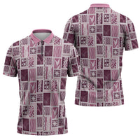Vintage Aloha Block Quilt Zipper Polo Shirt Pink Inspired Lei Motifs LT9 - Polynesian Pride
