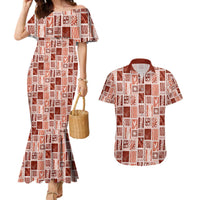 Vintage Aloha Block Quilt Couples Matching Mermaid Dress and Hawaiian Shirt Red Inspired Lei Motifs - Polynesian Pride
