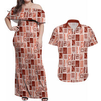 Vintage Aloha Block Quilt Couples Matching Off Shoulder Maxi Dress and Hawaiian Shirt Red Inspired Lei Motifs - Polynesian Pride