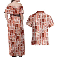 Vintage Aloha Block Quilt Couples Matching Off Shoulder Maxi Dress and Hawaiian Shirt Red Inspired Lei Motifs - Polynesian Pride