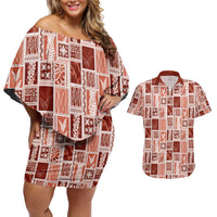 Vintage Aloha Block Quilt Couples Matching Off Shoulder Short Dress and Hawaiian Shirt Red Inspired Lei Motifs - Polynesian Pride