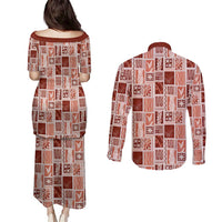 Vintage Aloha Block Quilt Couples Matching Puletasi and Long Sleeve Button Shirt Red Inspired Lei Motifs - Polynesian Pride