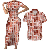 Vintage Aloha Block Quilt Couples Matching Short Sleeve Bodycon Dress and Hawaiian Shirt Red Inspired Lei Motifs - Polynesian Pride