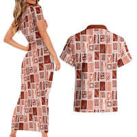 Vintage Aloha Block Quilt Couples Matching Short Sleeve Bodycon Dress and Hawaiian Shirt Red Inspired Lei Motifs - Polynesian Pride