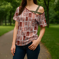 Vintage Aloha Block Quilt Cross Shoulder Shirt Red Inspired Lei Motifs - Polynesian Pride