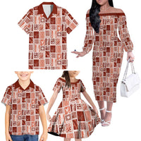 Vintage Aloha Block Quilt Family Matching Off The Shoulder Long Sleeve Dress and Hawaiian Shirt Red Inspired Lei Motifs - Polynesian Pride