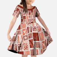 Vintage Aloha Block Quilt Family Matching Off Shoulder Short Dress and Hawaiian Shirt Red Inspired Lei Motifs - Polynesian Pride