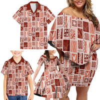 Vintage Aloha Block Quilt Family Matching Off Shoulder Short Dress and Hawaiian Shirt Red Inspired Lei Motifs - Polynesian Pride
