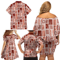 Vintage Aloha Block Quilt Family Matching Off Shoulder Short Dress and Hawaiian Shirt Red Inspired Lei Motifs - Polynesian Pride