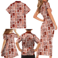 Vintage Aloha Block Quilt Family Matching Short Sleeve Bodycon Dress and Hawaiian Shirt Red Inspired Lei Motifs - Polynesian Pride