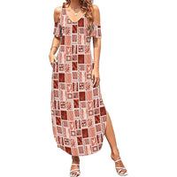 Vintage Aloha Block Quilt Summer Maxi Dress Red Inspired Lei Motifs - Polynesian Pride