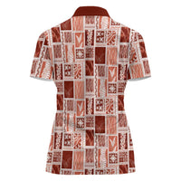 Vintage Aloha Block Quilt Women Polo Shirt Red Inspired Lei Motifs - Polynesian Pride