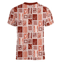 Vintage Aloha Block Quilt Women V-Neck T-Shirt Red Inspired Lei Motifs - Polynesian Pride