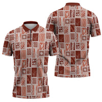 Vintage Aloha Block Quilt Zipper Polo Shirt Red Inspired Lei Motifs - Polynesian Pride