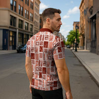 Vintage Aloha Block Quilt Zipper Polo Shirt Red Inspired Lei Motifs LT9 - Polynesian Pride