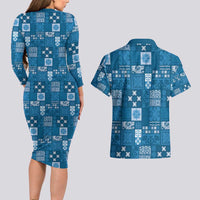 Vintage Hawaiian Quilting Patterns Couples Matching Long Sleeve Bodycon Dress and Hawaiian Shirt Blue Style Tribal Fabric Patchwork - Polynesian Pride