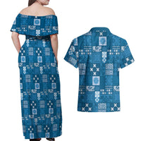 Vintage Hawaiian Quilting Patterns Couples Matching Off Shoulder Maxi Dress and Hawaiian Shirt Blue Style Tribal Fabric Patchwork - Polynesian Pride