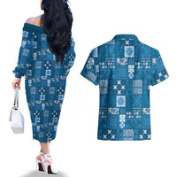 Vintage Hawaiian Quilting Patterns Couples Matching Off The Shoulder Long Sleeve Dress and Hawaiian Shirt Blue Style Tribal Fabric Patchwork - Polynesian Pride