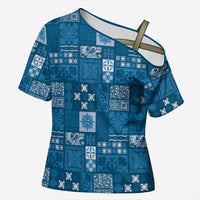 Vintage Hawaiian Quilting Patterns Cross Shoulder Shirt Blue Style Tribal Fabric Patchwork LT9 Female Blue - Polynesian Pride