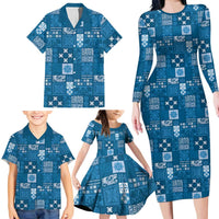 Vintage Hawaiian Quilting Patterns Family Matching Long Sleeve Bodycon Dress and Hawaiian Shirt Blue Style Tribal Fabric Patchwork - Polynesian Pride