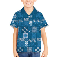 Vintage Hawaiian Quilting Patterns Family Matching Long Sleeve Bodycon Dress and Hawaiian Shirt Blue Style Tribal Fabric Patchwork - Polynesian Pride