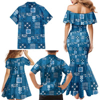 Vintage Hawaiian Quilting Patterns Family Matching Mermaid Dress and Hawaiian Shirt Blue Style Tribal Fabric Patchwork - Polynesian Pride
