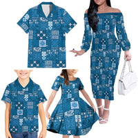 Vintage Hawaiian Quilting Patterns Family Matching Off The Shoulder Long Sleeve Dress and Hawaiian Shirt Blue Style Tribal Fabric Patchwork - Polynesian Pride