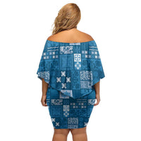 Vintage Hawaiian Quilting Patterns Family Matching Off Shoulder Short Dress and Hawaiian Shirt Blue Style Tribal Fabric Patchwork - Polynesian Pride