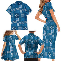 Vintage Hawaiian Quilting Patterns Family Matching Short Sleeve Bodycon Dress and Hawaiian Shirt Blue Style Tribal Fabric Patchwork - Polynesian Pride